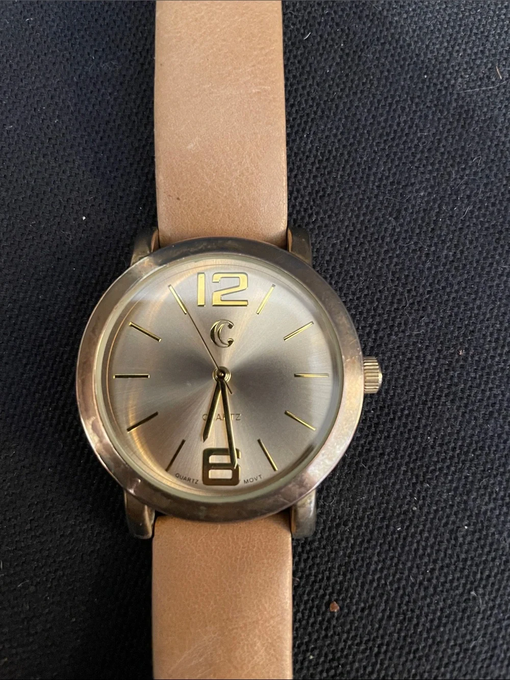 Charming Charlie Gold Case Watch with Tan Strap